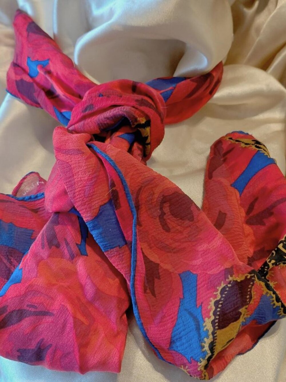 Albert Nipon Silk Chiffon Red Background Rectangle Scarf